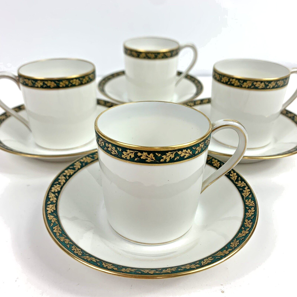 4 Haviland Limoges Demi Cup & Saucer Rue De Paradis Paris Green Gold Leaves READ